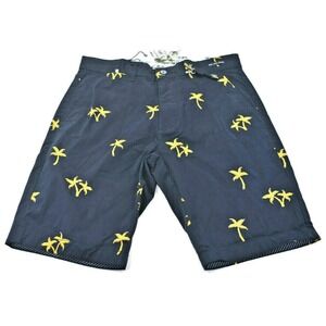 DENIM & FLOWER Men's Ricky Singh Navy Blue Palm Trees Stretch Shorts Sz 30  NWT